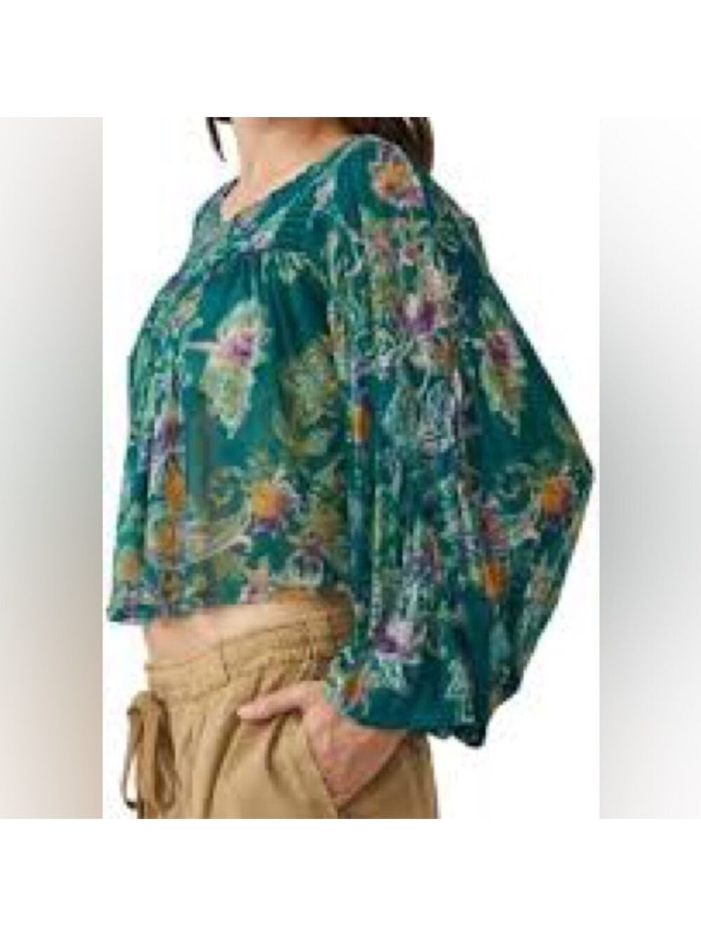 Free People Chiffon Long Sleeve Green Floral Cropped Top Sz Small